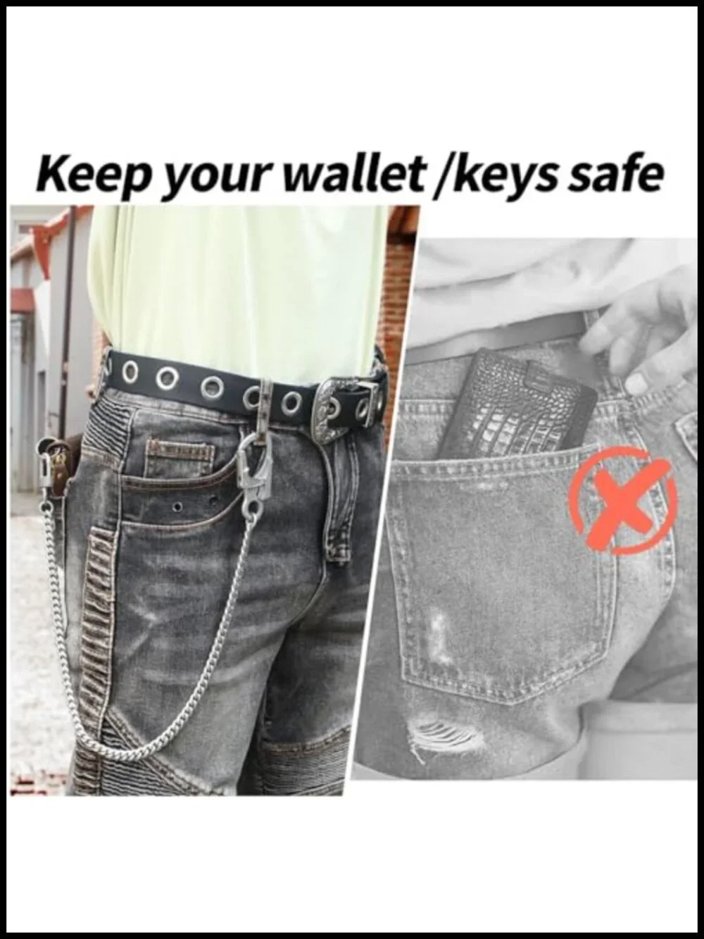 Stainless Steel Wallet Chain with Dual Lock Carabiner for Men, 25 Inch